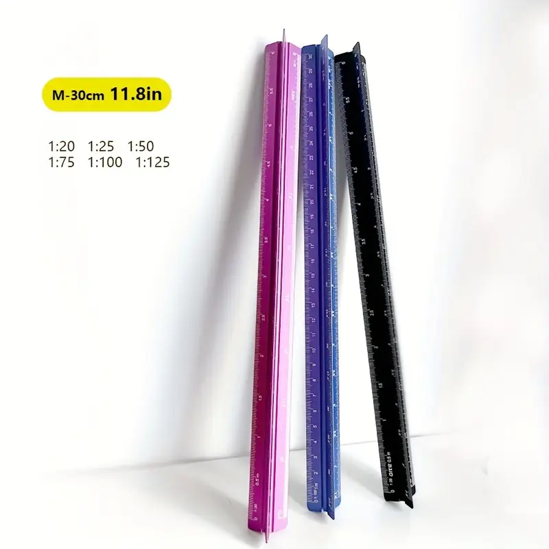 Kovové modelárske a mierkové pravítko 30 cm trojhranné s 6 meraniami